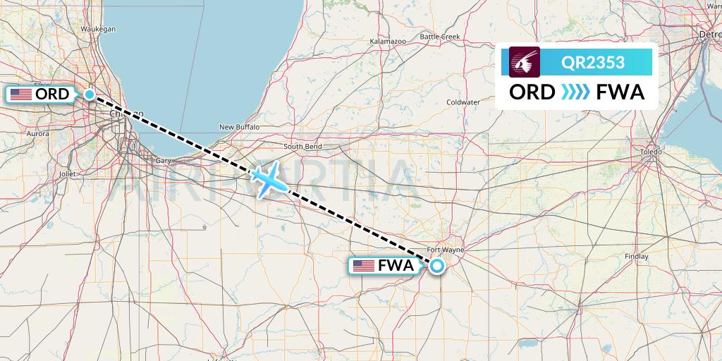 QR2353 Qatar Airways Flight Map: Chicago to Fort Wayne