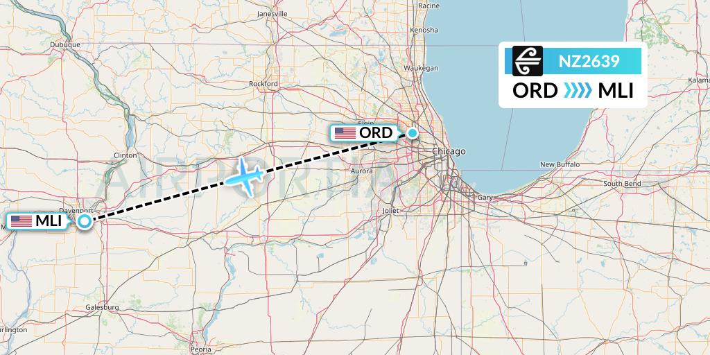NZ2639 Air New Zealand Flight Map: Chicago to Moline