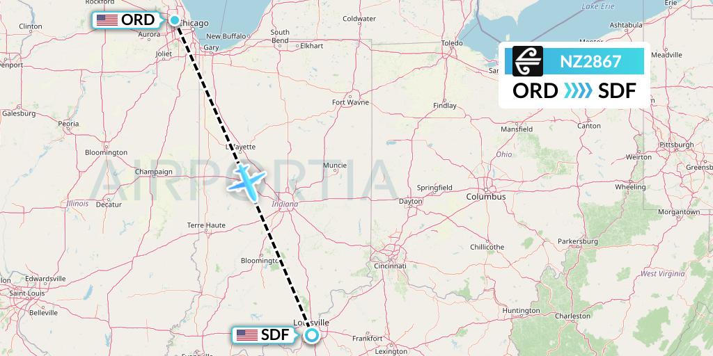 NZ2867 Air New Zealand Flight Map: Chicago to Louisville