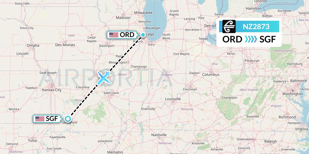 NZ2873 Air New Zealand Flight Map: Chicago to Springfield