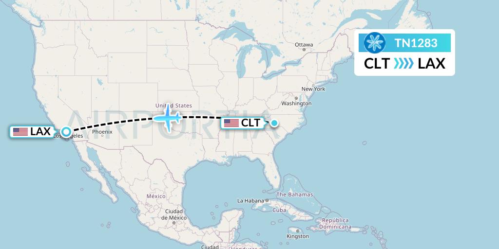 TN1283 Air Tahiti Nui Flight Map: Charlotte to Los Angeles