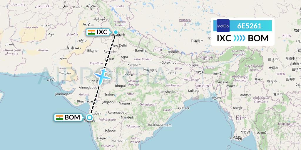 6E5261 IndiGo Airlines Flight Map: Chandigarh to Mumbai
