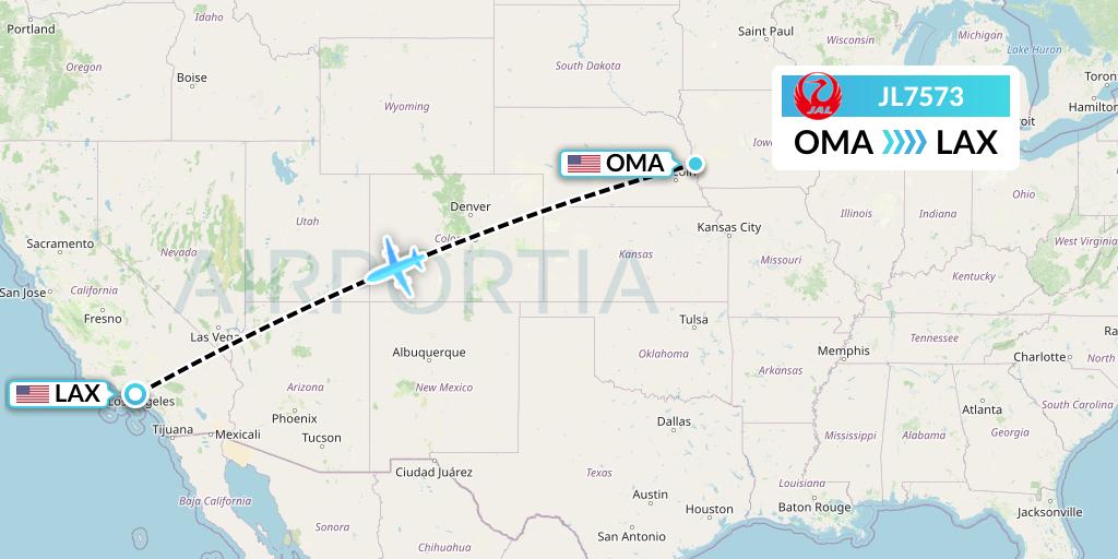 JL7573 Japan Airlines Flight Map: Omaha to Los Angeles