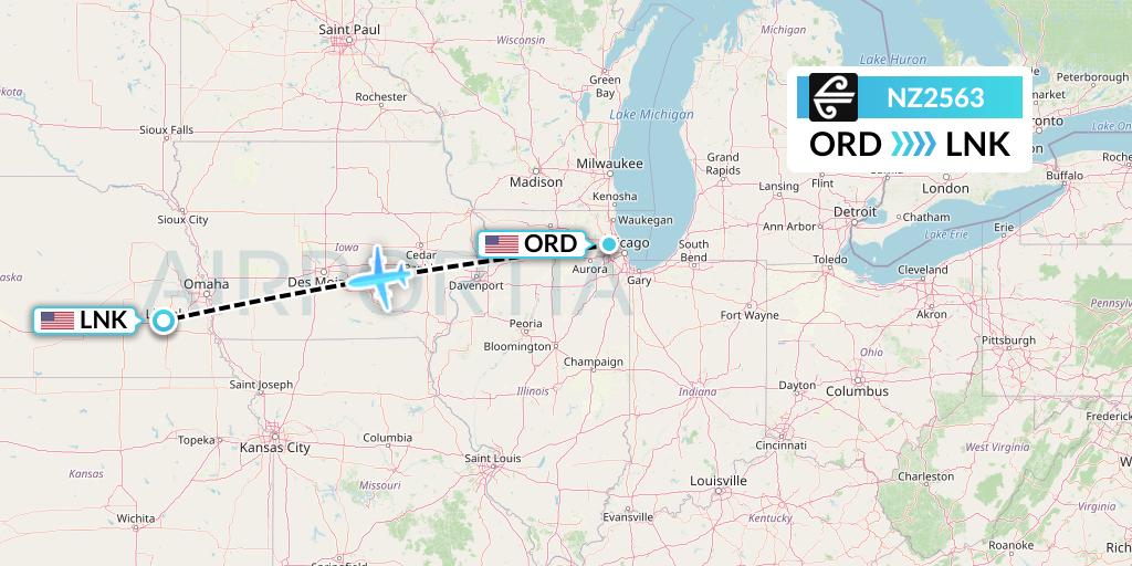 NZ2563 Air New Zealand Flight Map: Chicago to Lincoln