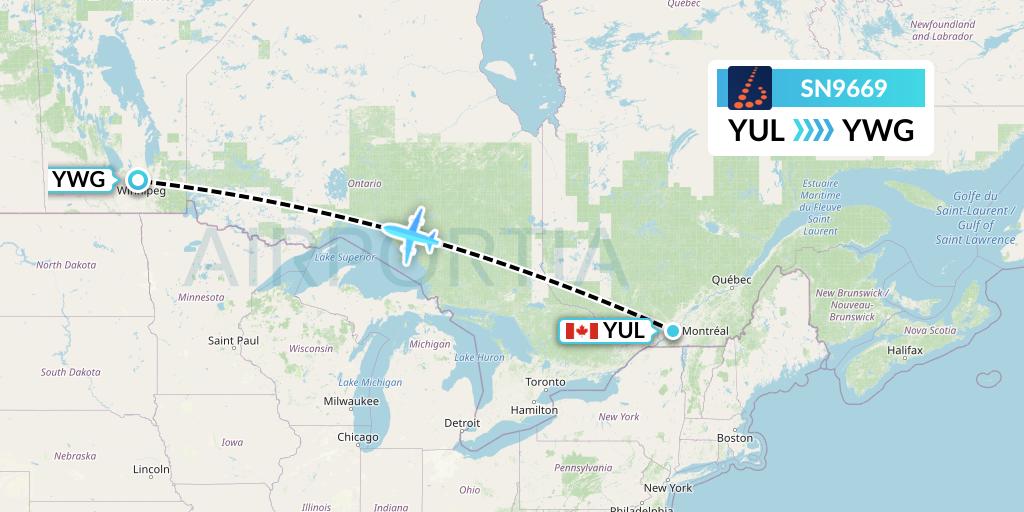 SN9669 Brussels Airlines Flight Map: Montreal to Winnipeg
