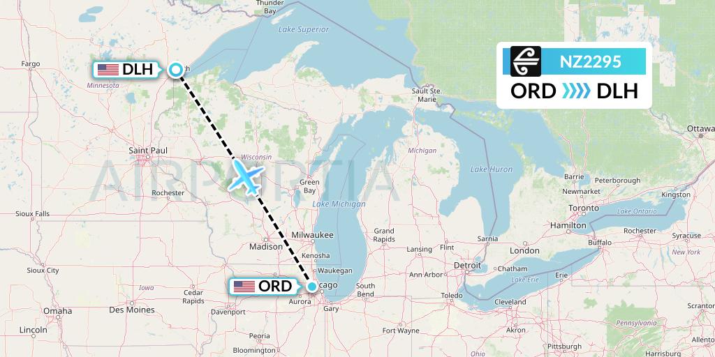 NZ2295 Air New Zealand Flight Map: Chicago to Duluth