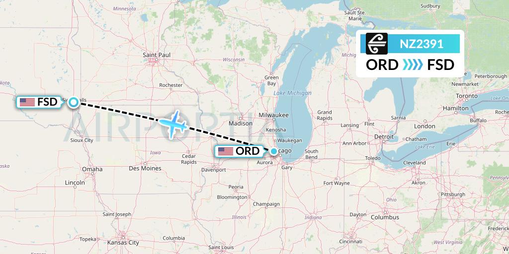 NZ2391 Air New Zealand Flight Map: Chicago to Sioux Falls