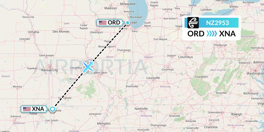NZ2953 Air New Zealand Flight Map: Chicago to Bentonville