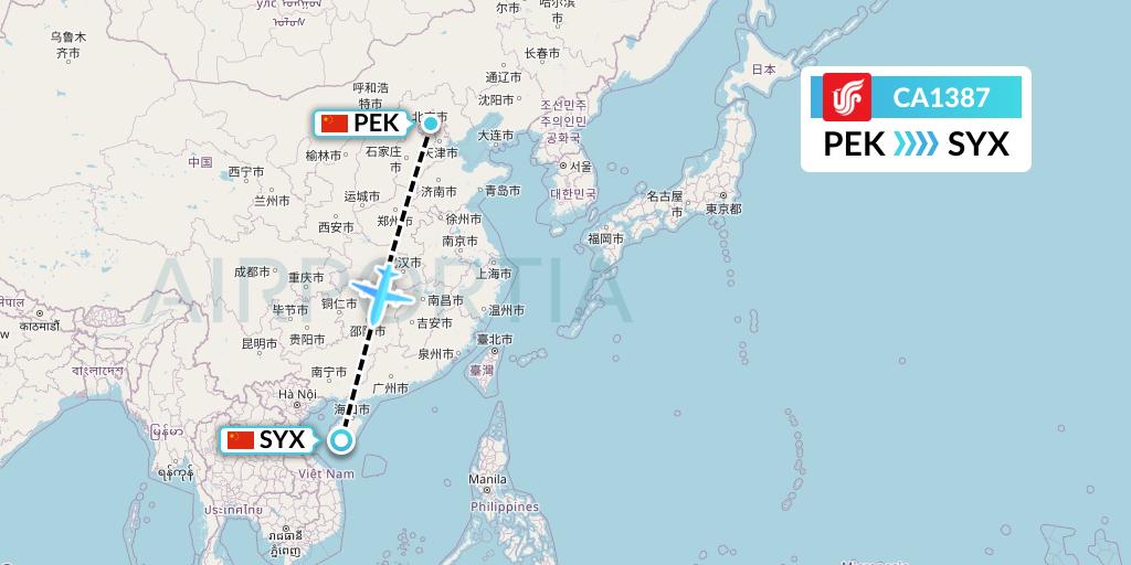 CA1387 Air China Flight Map: Beijing to Sanya