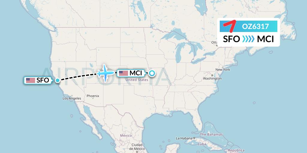 OZ6317 Asiana Airlines Flight Map: San Francisco to Kansas City