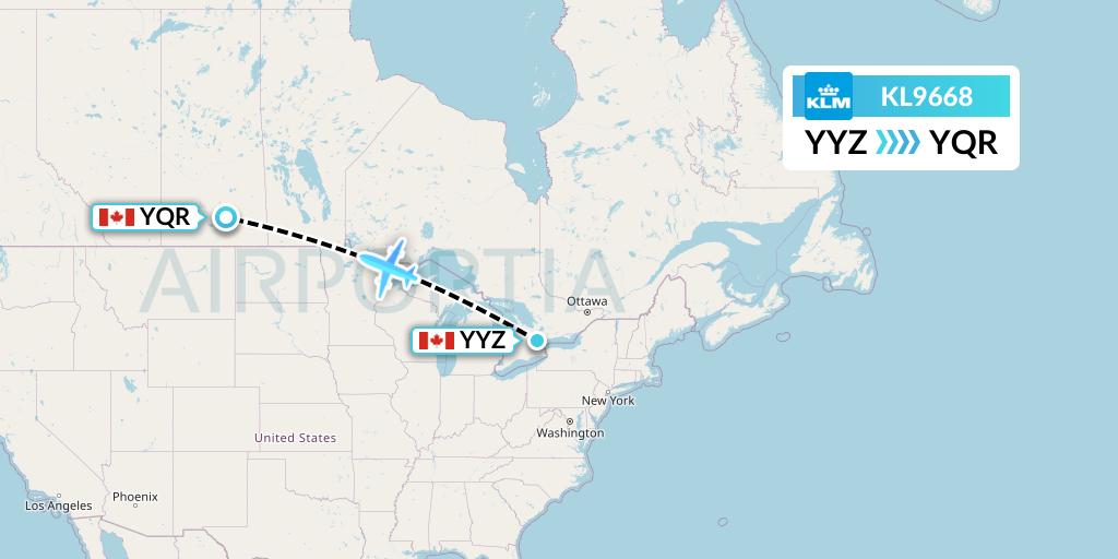 KL9668 KLM Flight Map: Toronto to Regina