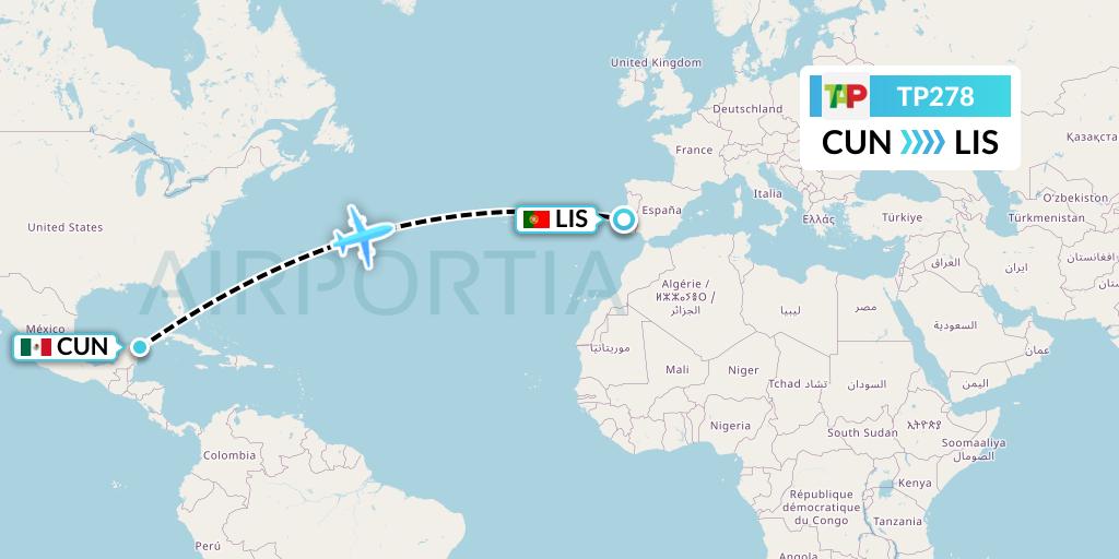 TP278 TAP Portugal Flight Map: Cancun to Lisbon