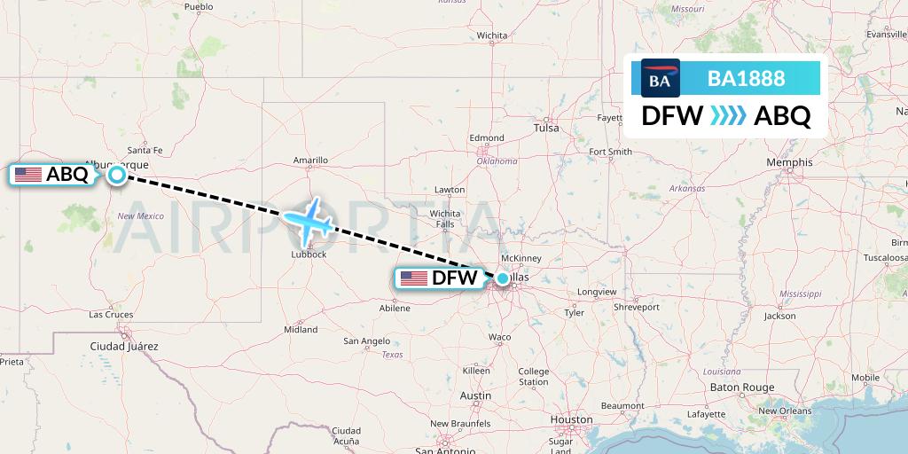 BA1888 British Airways Flight Map: Dallas to Albuquerque