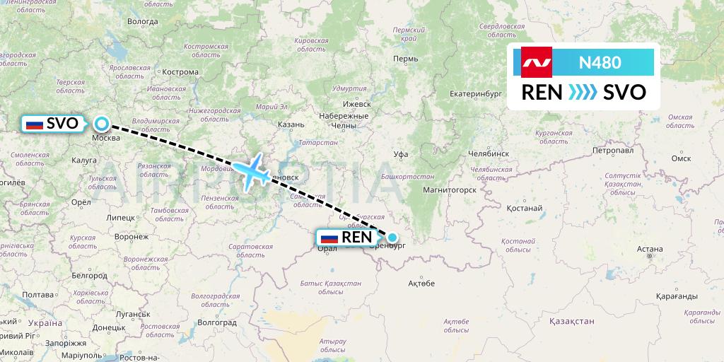 N480 Nordwind Airlines Flight Map: Orenburg to Moscow