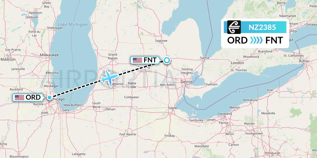 NZ2385 Air New Zealand Flight Map: Chicago to Flint