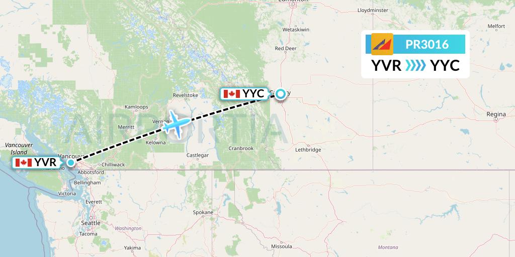 PR3016 Philippine Airlines Flight Map: Vancouver to Calgary