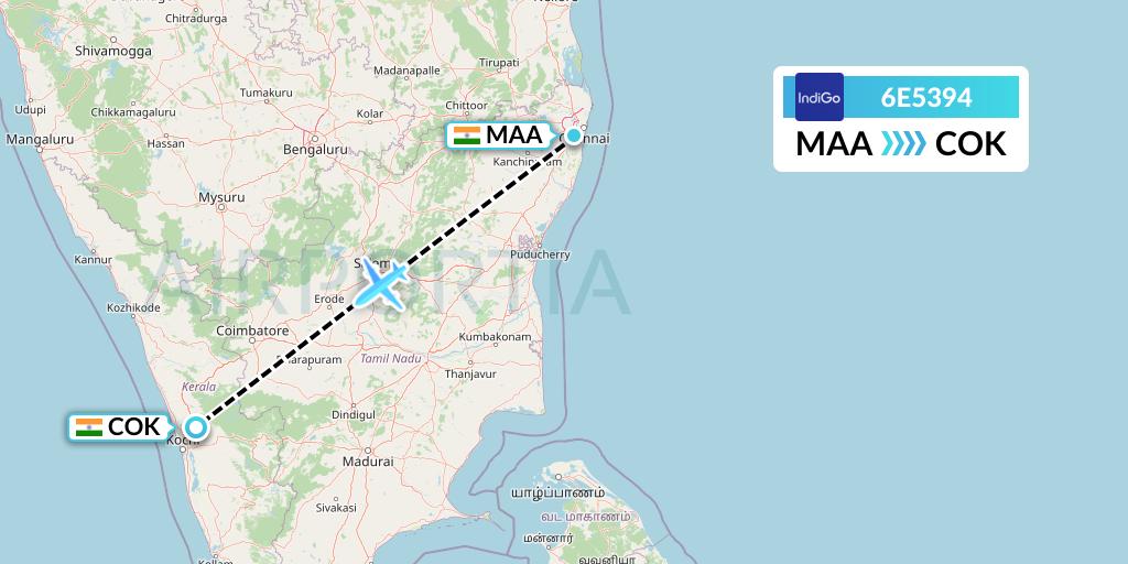 6E5394 IndiGo Airlines Flight Map: Chennai to Cochin