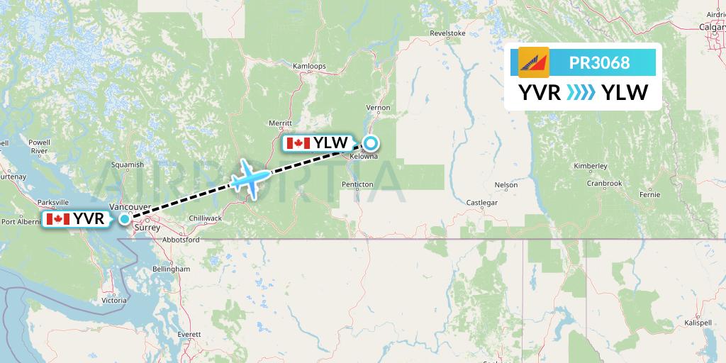 PR3068 Philippine Airlines Flight Map: Vancouver to Kelowna
