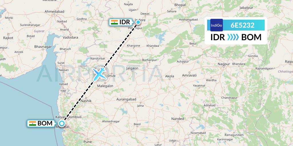 6E5232 IndiGo Airlines Flight Map: Indore to Mumbai
