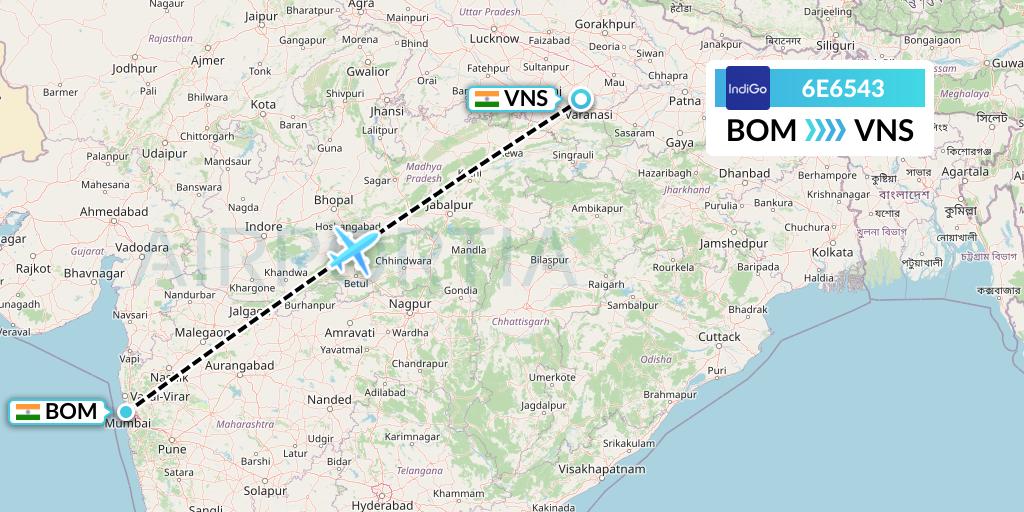 6E6543 IndiGo Airlines Flight Map: Mumbai to Varanasi