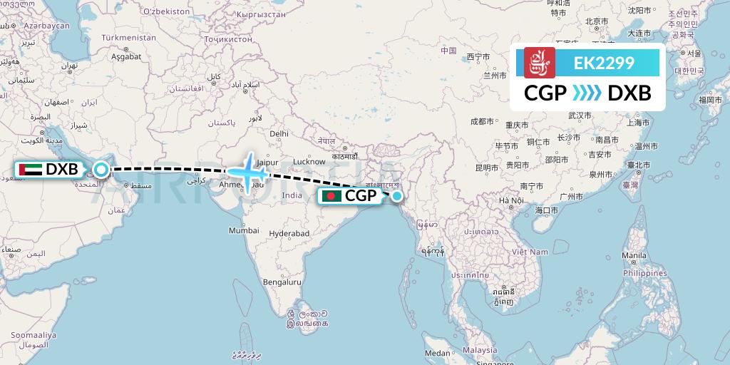 EK2299 Emirates Flight Map: Chittagong to Dubai