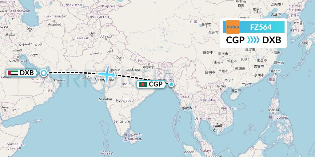FZ564 FlyDubai Flight Map: Chittagong to Dubai