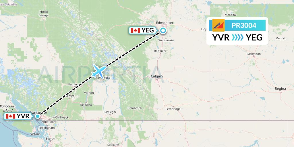 PR3004 Philippine Airlines Flight Map: Vancouver to Edmonton