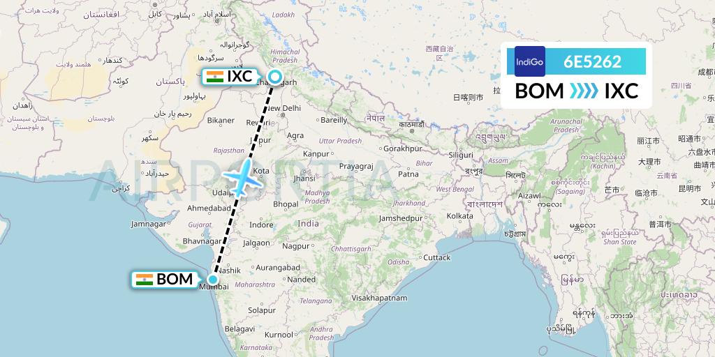 6E5262 IndiGo Airlines Flight Map: Mumbai to Chandigarh