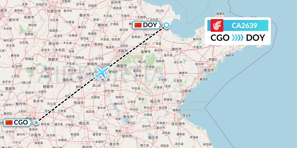 CA2639 Air China Flight Map: Zhengzhou to Dongying