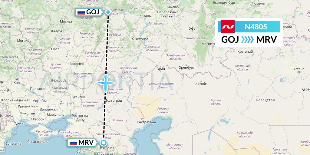 N4805 Nordwind Airlines Flight Map: Nizhny Novgorod to Mineralnye Vody