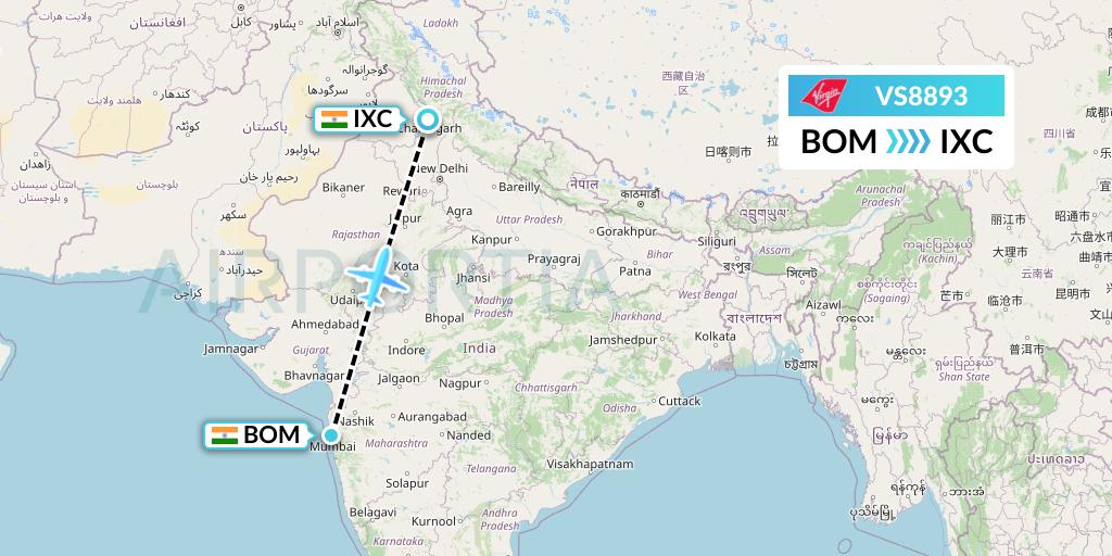 VS8893 Virgin Atlantic Airways Flight Map: Mumbai to Chandigarh
