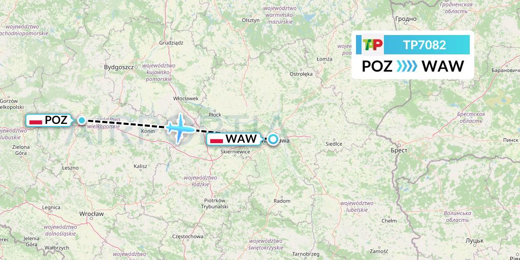 TP7082 TAP Portugal Flight Map: Poznan to Warsaw