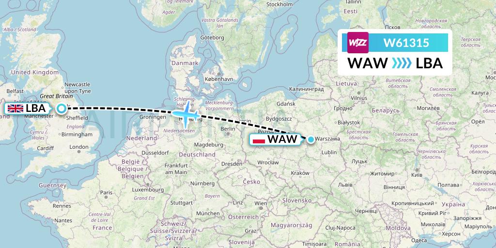 W61315 Wizz Air Flight Map: Warsaw to Leeds