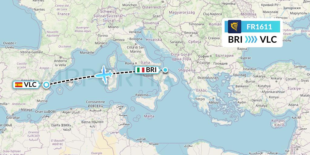 FR1611 Ryanair Flight Map: Bari to Valencia
