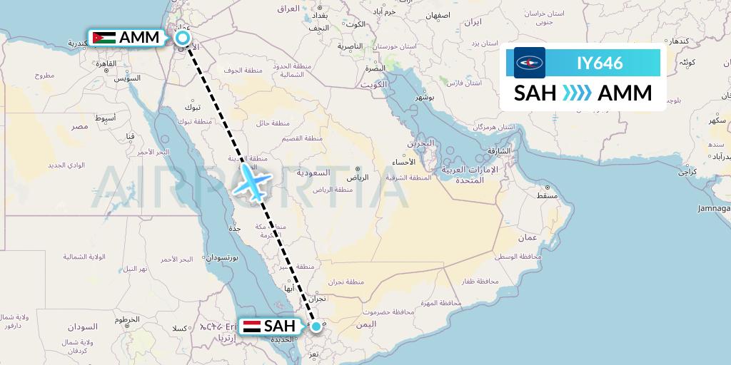 IY646 Yemenia Flight Map: Sana'a to Amman