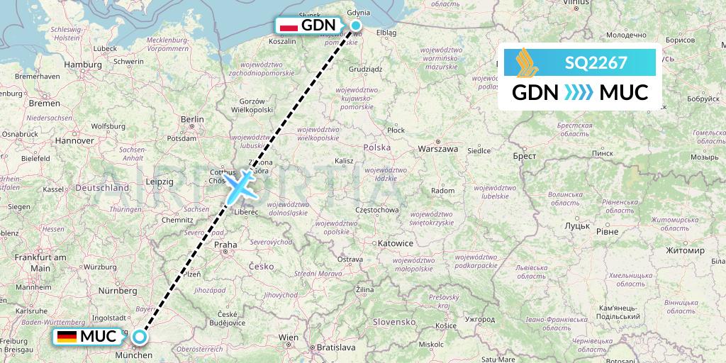 SQ2267 Singapore Airlines Flight Map: Gdansk to Munich