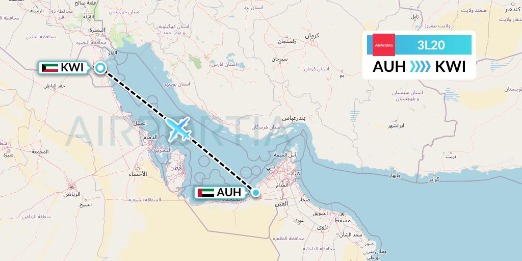 3L20 Air Arabia Abu Dhabi Flight Map: Abu Dhabi to Kuwait City