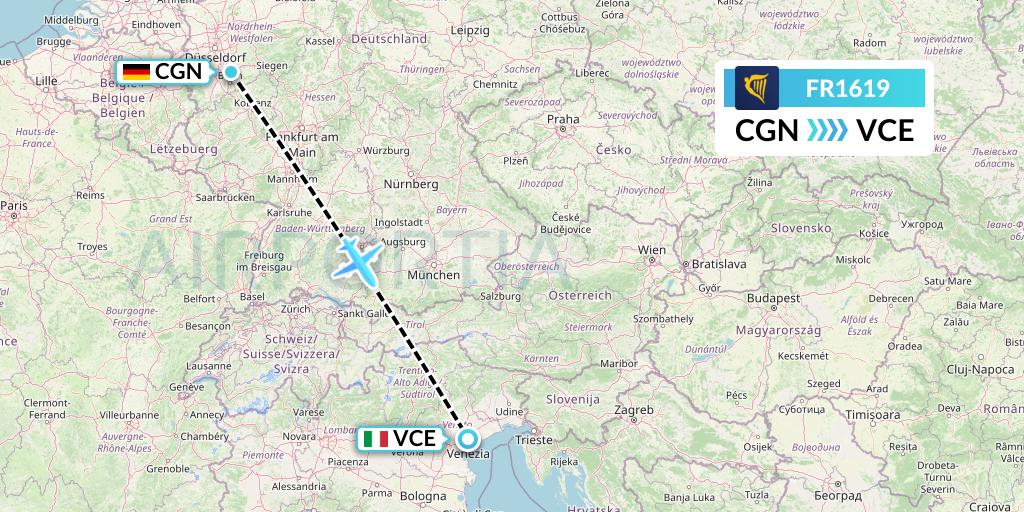 FR1619 Ryanair Flight Map: Cologne to Venice