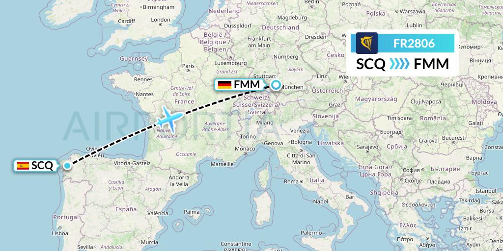 FR2806 Ryanair Flight Map: Santiago to Memmingen