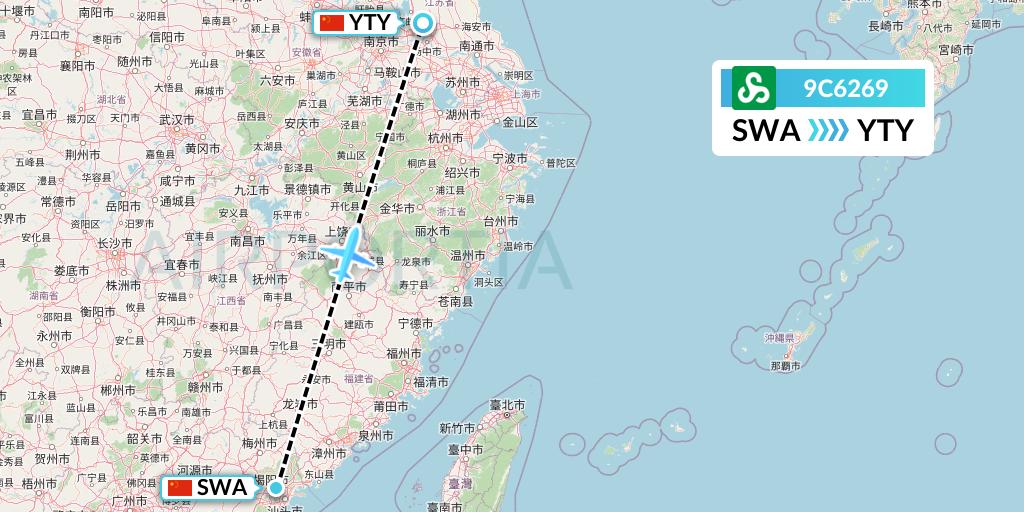 9C6269 Spring Airlines Flight Map: Jieyang to Yangzhou
