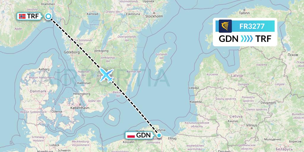 FR3277 Ryanair Flight Map: Gdansk to Oslo