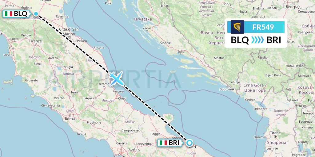 FR549 Ryanair Flight Map: Bologna to Bari