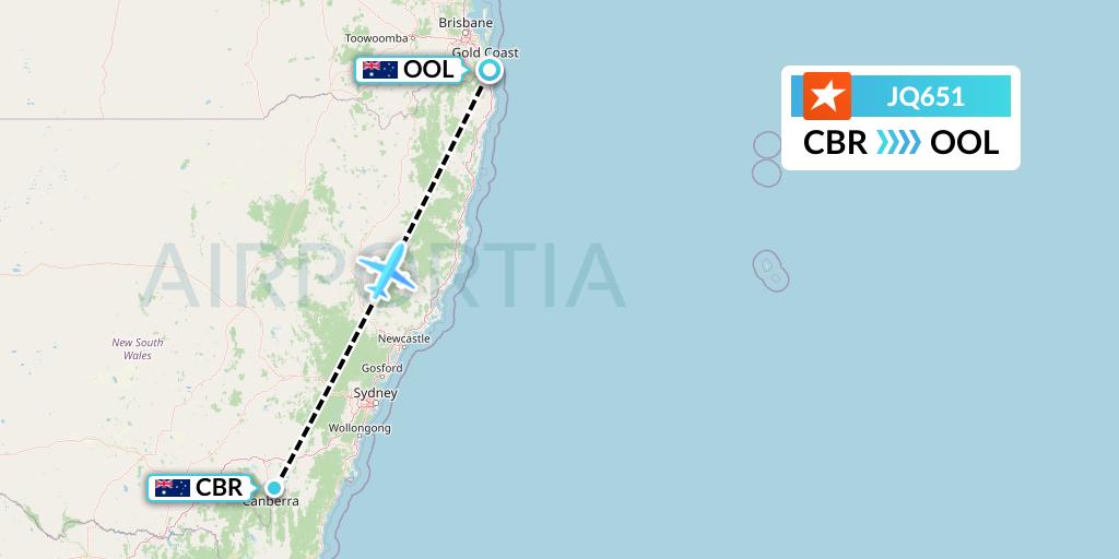 JQ651 Jetstar Airways Flight Map: Canberra to Gold Coast