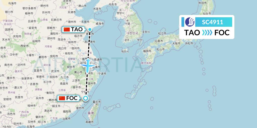 SC4911 Shandong Airlines Flight Map: Qingdao to Fuzhou