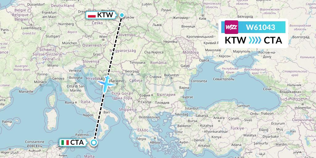 W61043 Wizz Air Flight Map: Katowice to Catania
