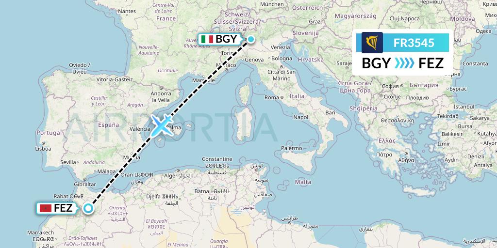 FR3545 Ryanair Flight Map: Milan to Fes