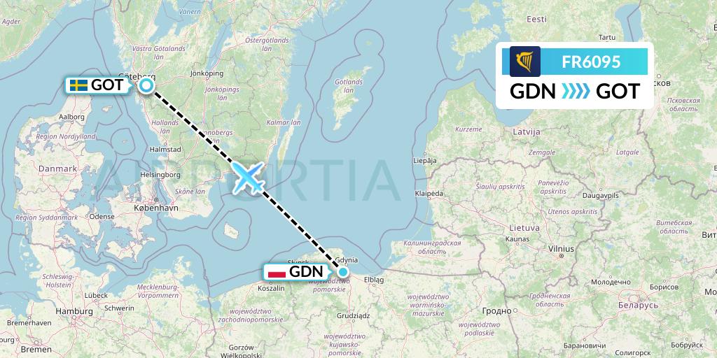 FR6095 Ryanair Flight Map: Gdansk to Gothenburg