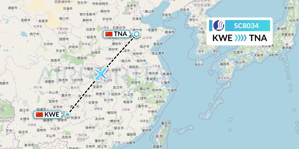 SC8034 Shandong Airlines Flight Map: Guiyang to Jinan