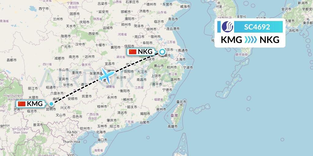 SC4692 Shandong Airlines Flight Map: Kunming to Nanjing
