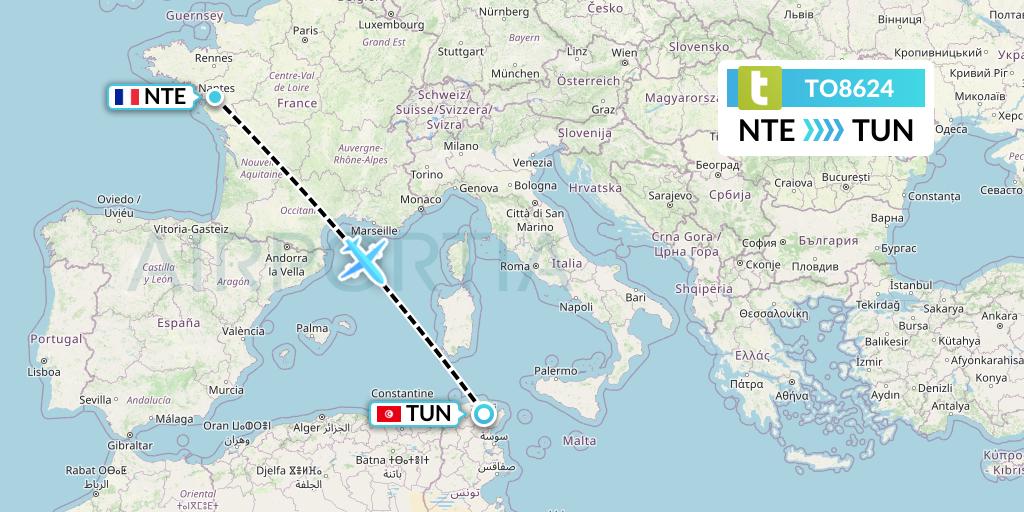 TO8624 Transavia France Flight Map: Nantes to Tunis